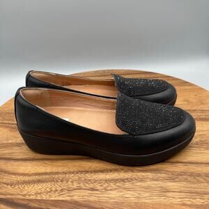Fitflop Crystal Embellished Loafers Black Leather Casual Slip On Comfort Shoes